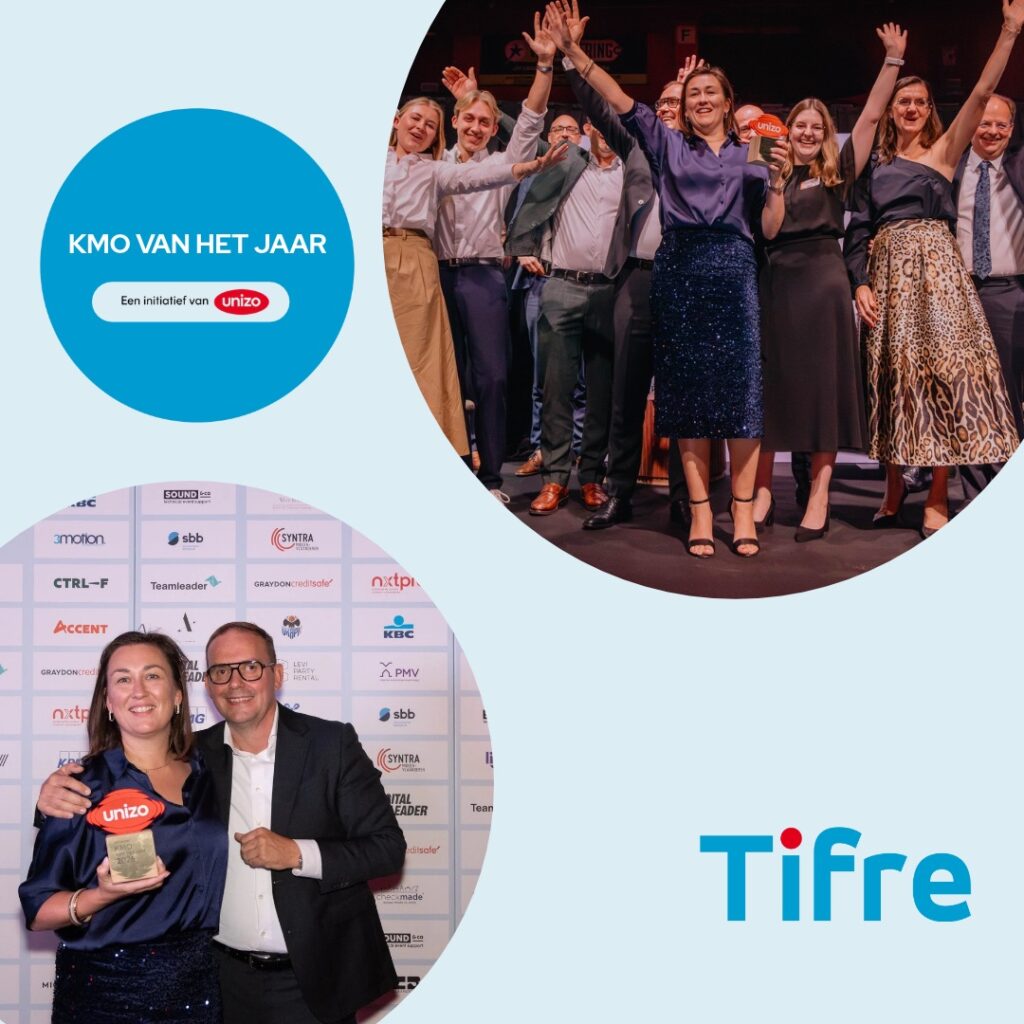 Twee foto's van de uitreiking van de Unizo award van de Oost-Vlaamse KMO van het Jaar